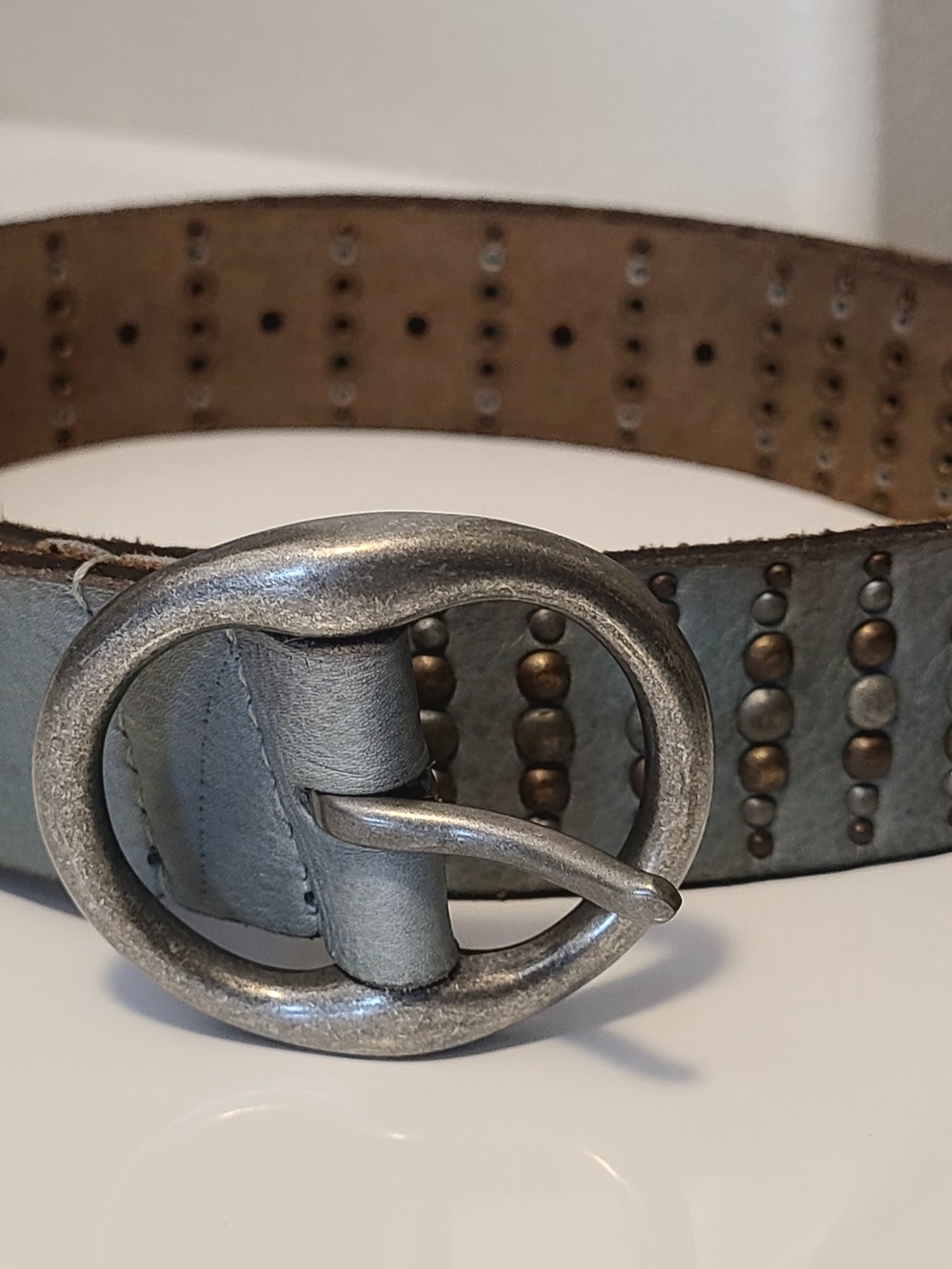 Free People Light Gray Leather Studded Belt with Oval Antique Silver Buckle